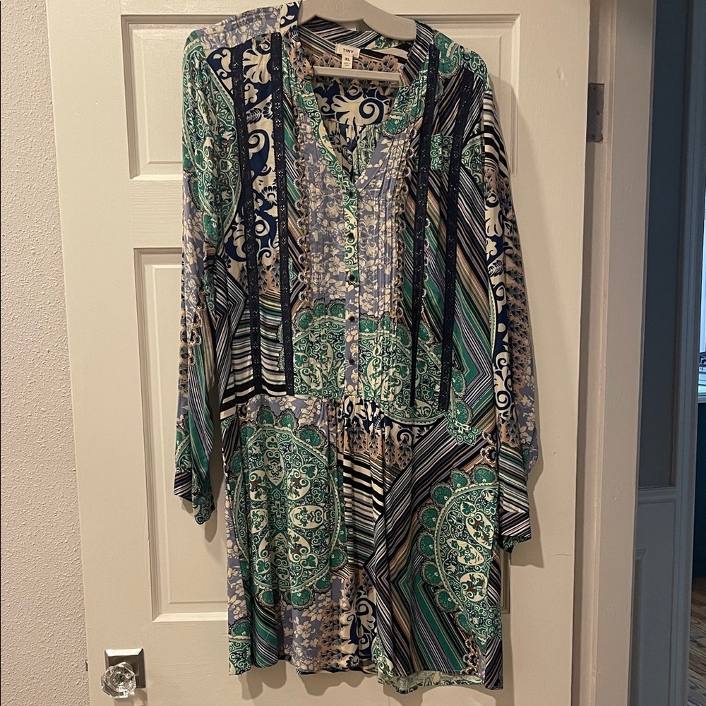 Anthropologie Long Sleeve Dress with Green and Blue Patterns